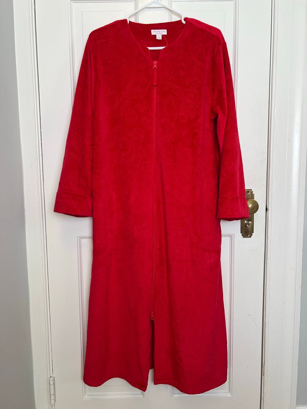 NEW Charter Club Red Embossed Velour Zip Front Robe Pockets Textured Women's S
